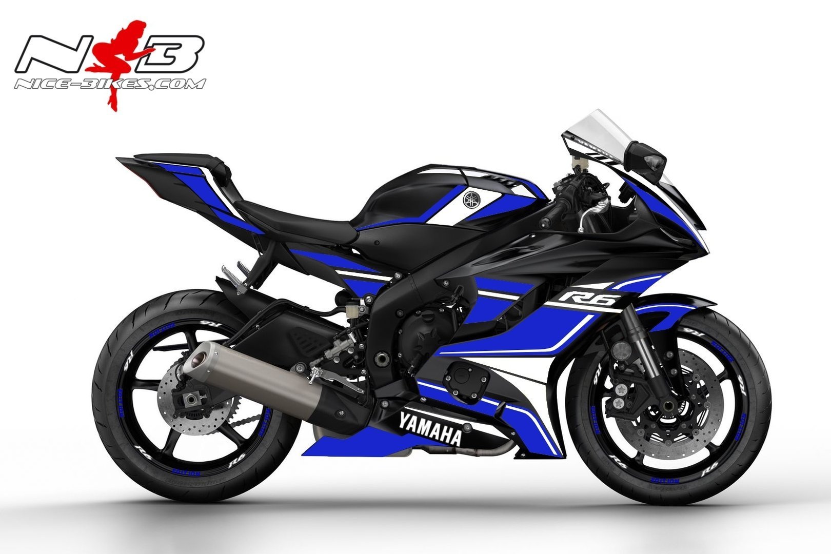 R6 Race Foliendekor blau auf schwarzer Maschine