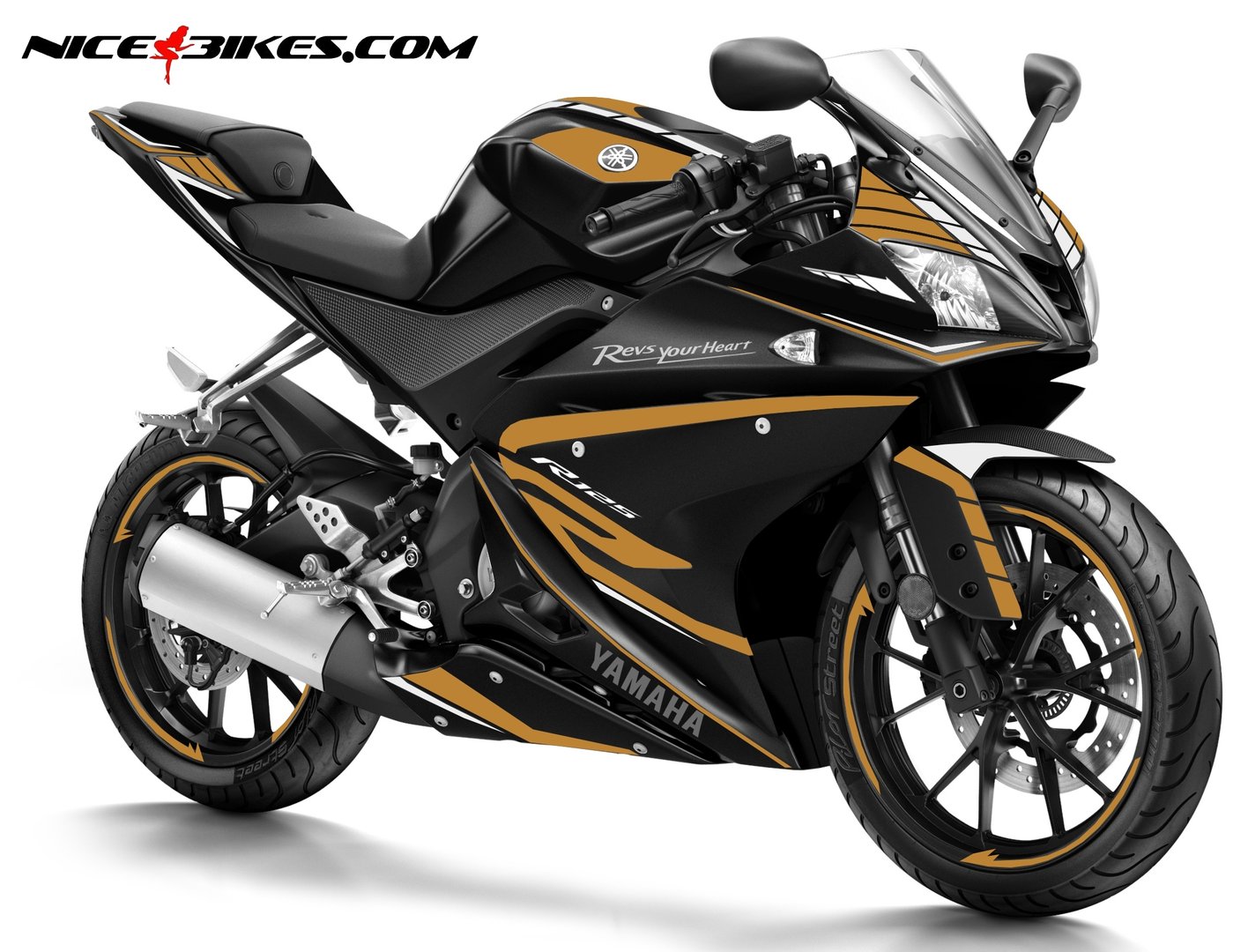 R125 Race Foliendekor Gold auf schwarzer Maschine