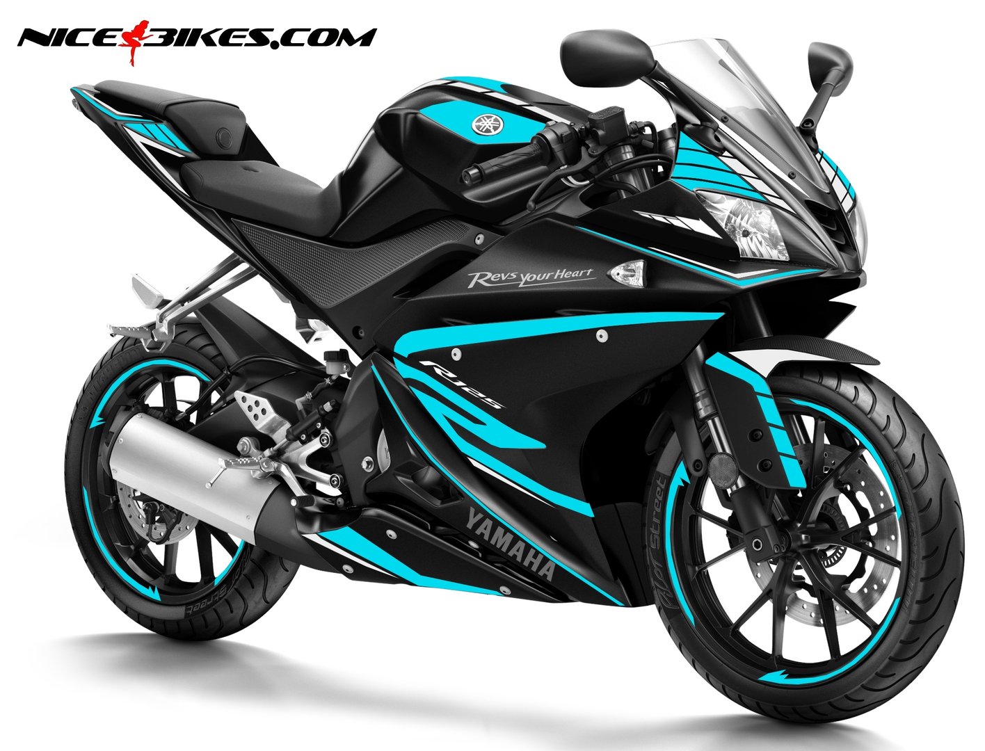 R125 Race Foliendekor hellblau auf schwarzer Maschine