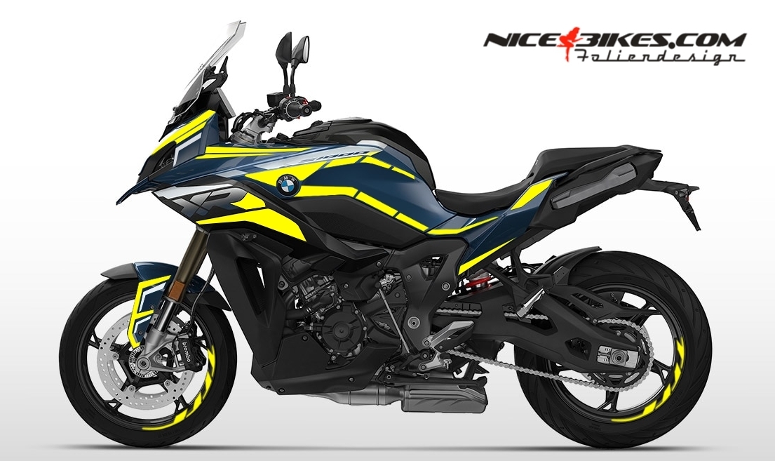 Foliendesign BMW S1000XR 2024 Neon Yellow auf blauer Maschine