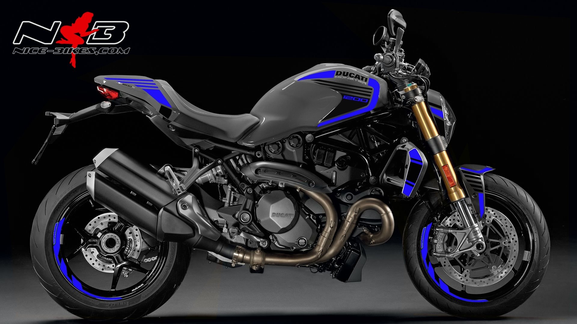 Monster 1200 blau auf grauer Maschine