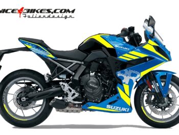 Foliendesign Suzuki GSX-8R Noen Yellow auf blauer Maschine