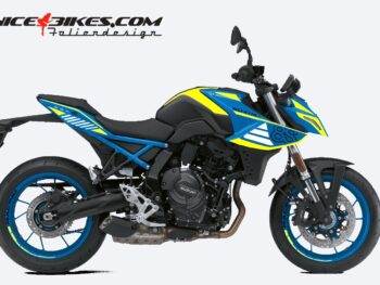 Foliendesign Suzuki GSX-8S 24 Neon Yellow auf blauer Maschine