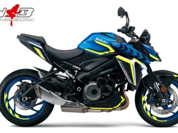 Foliendesign GSX-S1000 Neon Yellow auf blauer Maschine
